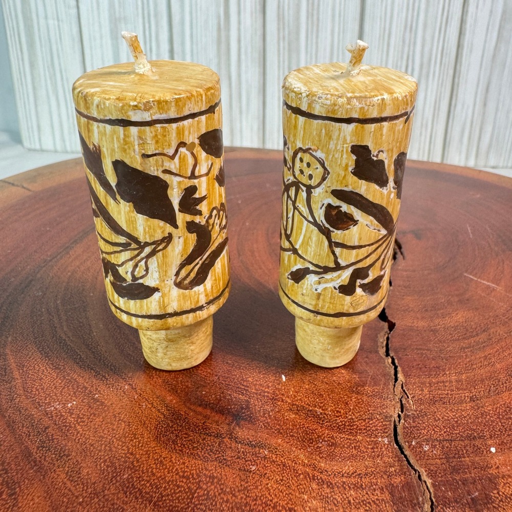 Botanical Wine Cork Pillar Candles Set of 2‎ Yellow Brown Floral Decor
